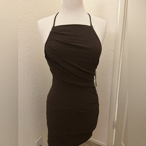 Astr The Label Brown Square Neck Halter Bodycon Rouched Dress NWT